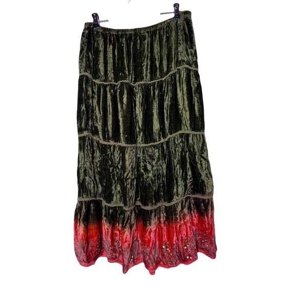 Dimri | Boho Green Pink Velvet Lace Sequin Tiered Midi Skirt, Small - Picture 2 of 7